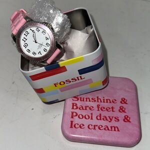 Vintage pink & silver watch Fossil tin box